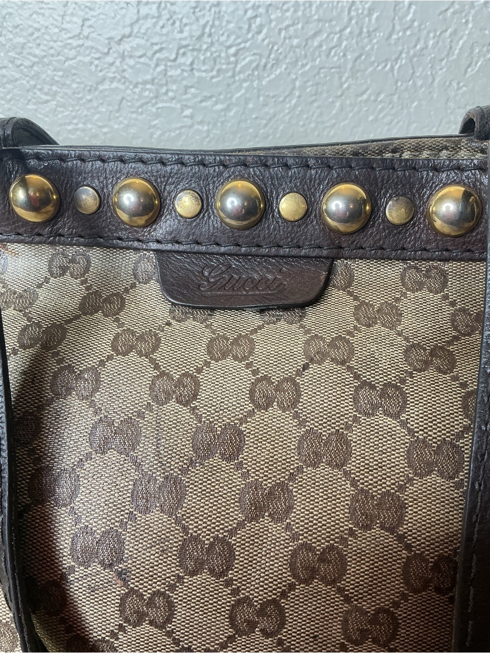 Gucci Brown Monogram Tote Bag with Stud Trim - Picture 14 of 16